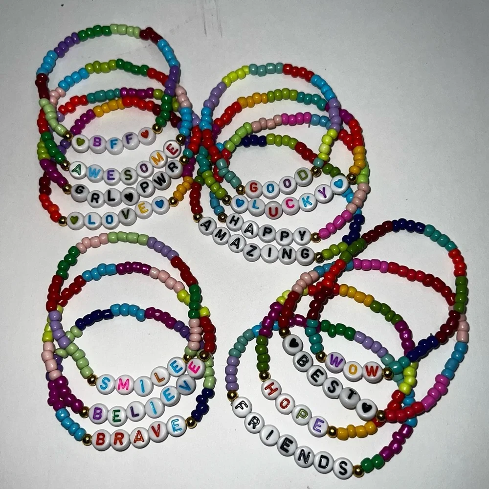 Colorful Beaded Friendship/Positive Affirmations Stretch Bracelets Set/Lot-15